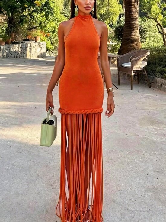 Dresses & Skirts - Orange Sexy Women's Tassel Twist Knot Backless Bodycon Dress